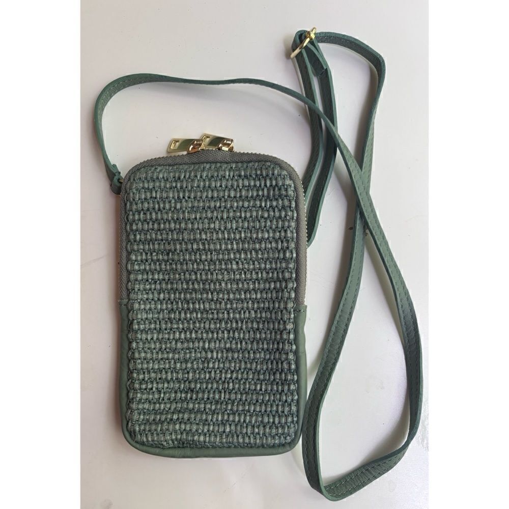 Roberta Rossi Rattan/ Leather Phone Crossbody Small Bag in Sage